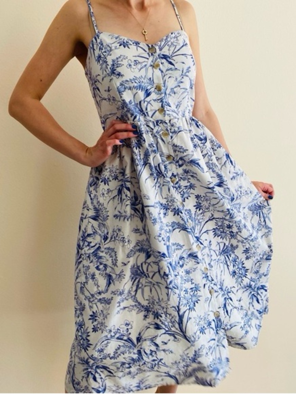 H&M Linen Blend Midi Sundress with Blue Floral Print
